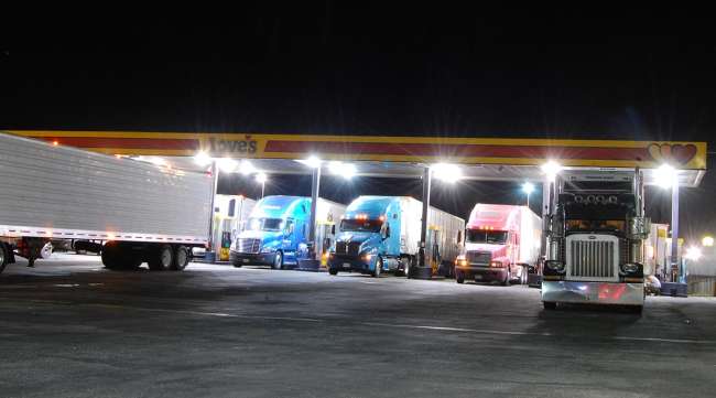 Trucks fuel up at a California stop